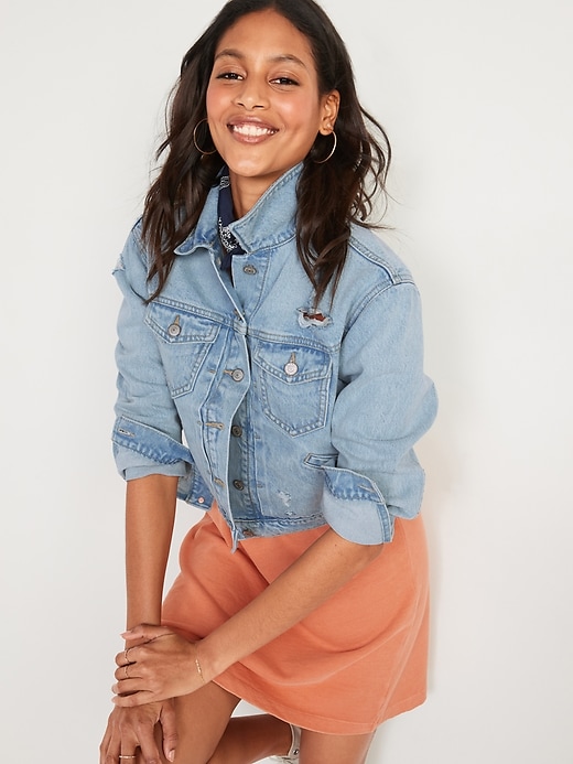 Image number 3 showing, Cropped Ripped Light-Wash Jean Jacket for Women