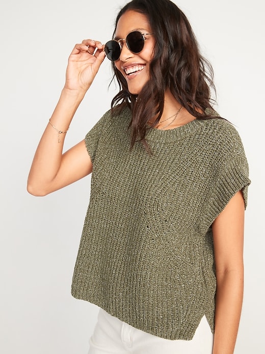 Lightweight Shaker-Stitch Short-Sleeve Sweater for Women