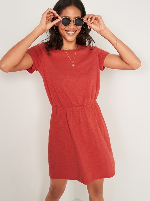 View large product image 1 of 2. Waist-Defined Slub-Knit Mini T-Shirt Dress