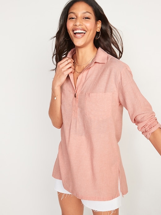 View large product image 1 of 2. Linen-Blend Popover Tunic Shirt for Women