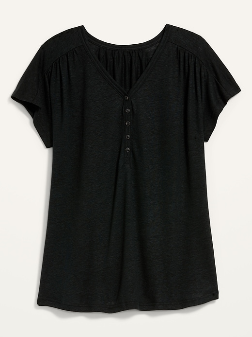 View large product image 2 of 2. Loose V-Neck Linen-Blend Henley T-Shirt