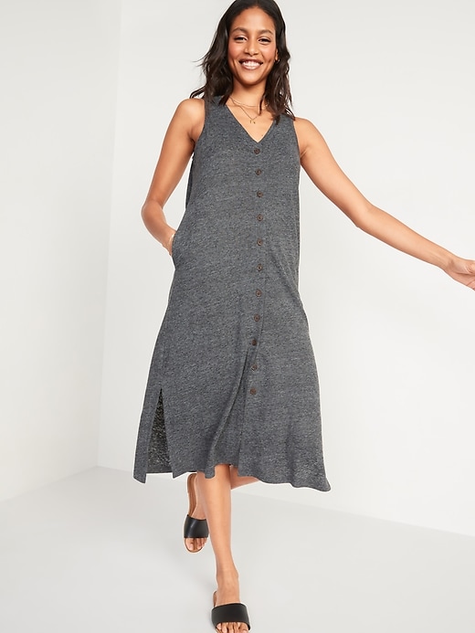 View large product image 1 of 1. Sleeveless Linen-Blend Button-Front Midi Shift Dress
