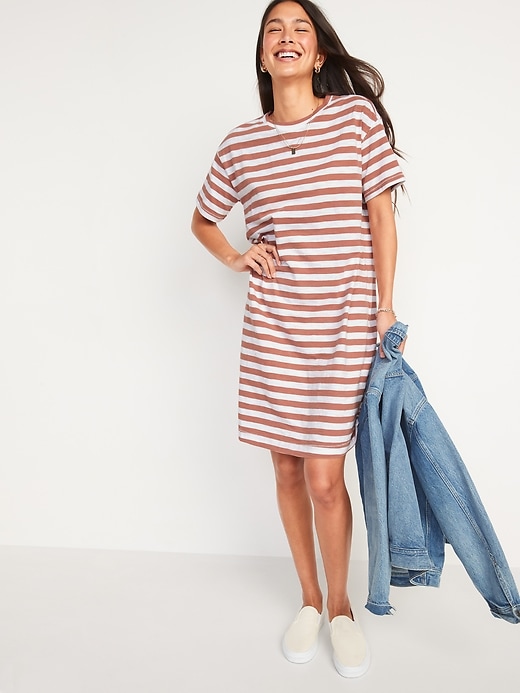 Image number 1 showing, Loose Vintage Striped Slub-Knit T-Shirt Shift Dress for Women