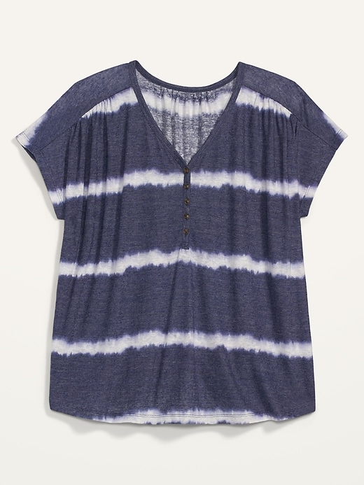 View large product image 2 of 2. Loose V-Neck Linen-Blend Plus-Size Henley Tee