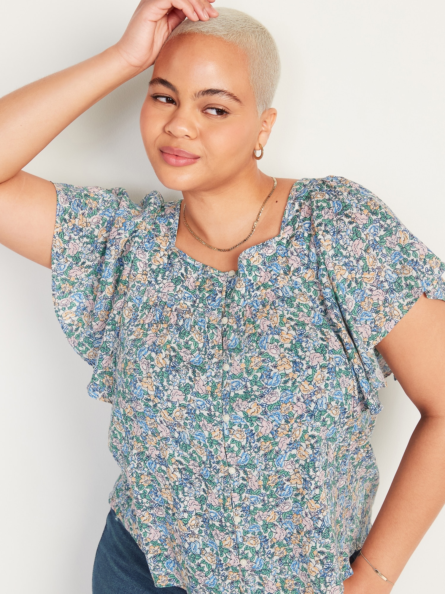 Oversized Floral-Print Square-Neck Top for Women | Old Navy