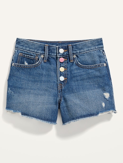 View large product image 1 of 2. Extra High-Waisted Medium-Wash Distressed Cut-Off Jean Shorts for Girls