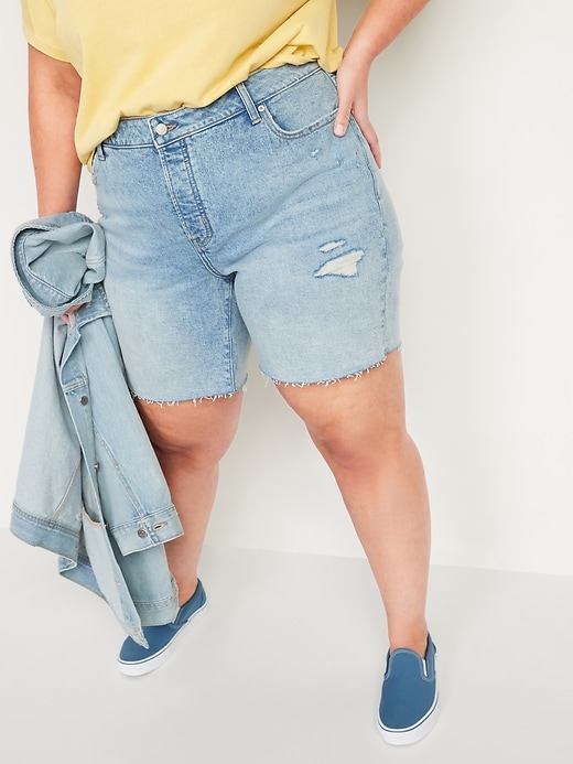 Image number 1 showing, Extra High-Waisted Secret-Slim Pockets Sky Hi Straight Plus-Size Button-Fly Cut-Off Jean Shorts -- 7-inch inseam