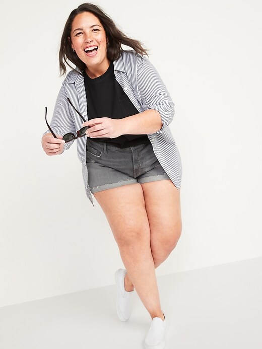 Image number 3 showing, High-Waisted Secret-Smooth Pockets O.G. Plus-Size Gray Cut-Off Jean Shorts -- 3-inch inseam