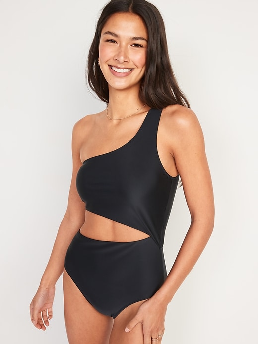 Image number 1 showing, One-Shoulder Side-Cutout One-Piece Swimsuit