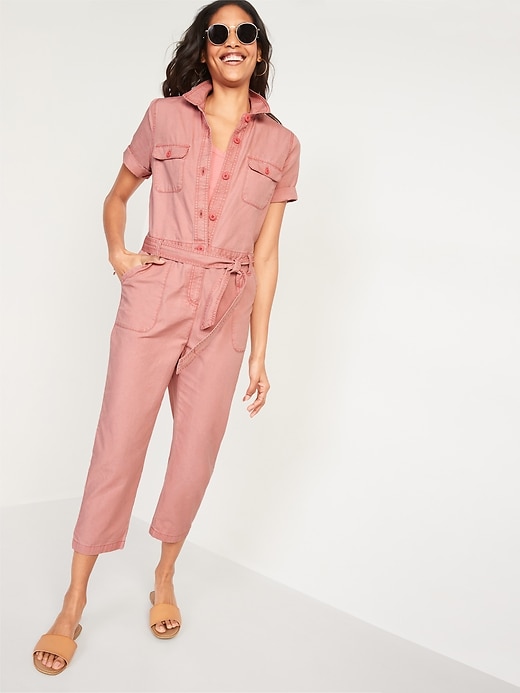 View large product image 1 of 2. Garment-Dyed Tie-Belt Utility Jumpsuit