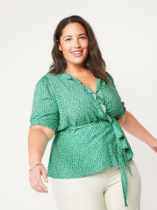 View large product image 1 of 2. Ruffled Floral-Print Plus-Size Tie-Belt Wrap Top