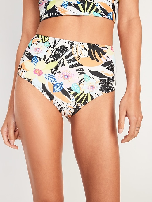 Image number 1 showing, High-Waisted Tropical-Print Swim Bottoms