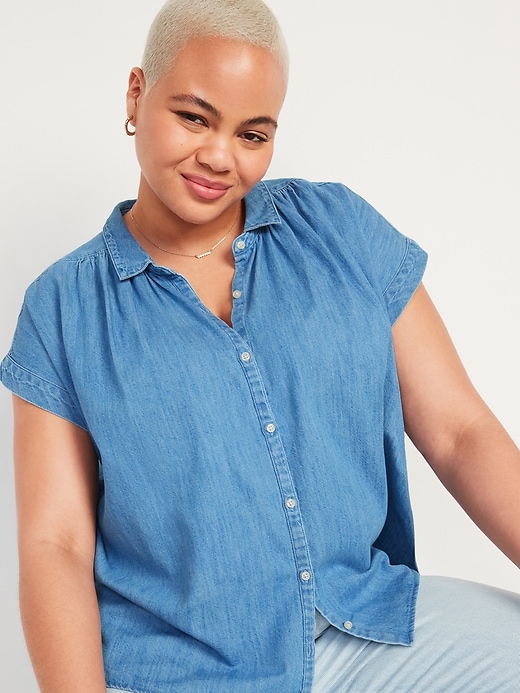 Image number 1 showing, Oversized Short-Sleeve Jean Shirt for Women
