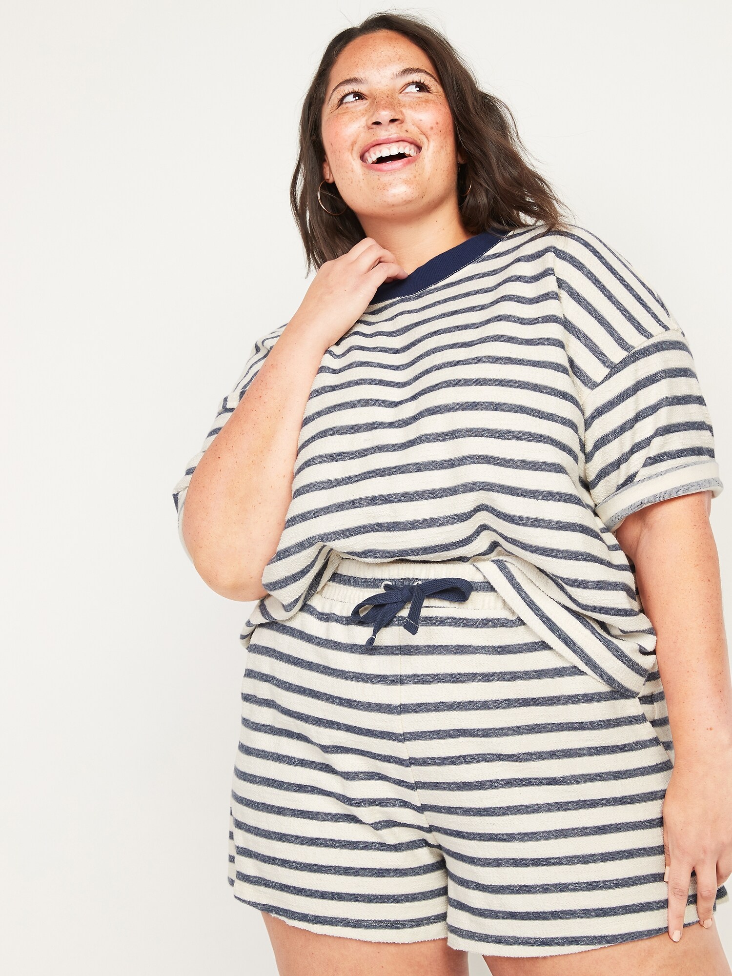 Oversized Striped Cali-Fleece Plus-Size Elbow-Sleeve Sweatshirt
