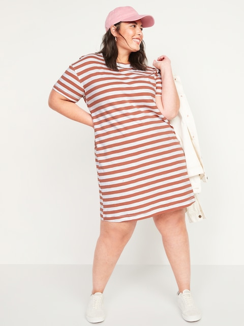 Vintage Striped Slub-Knit Plus-Size T-Shirt Shift Dress - Pink Stripe
