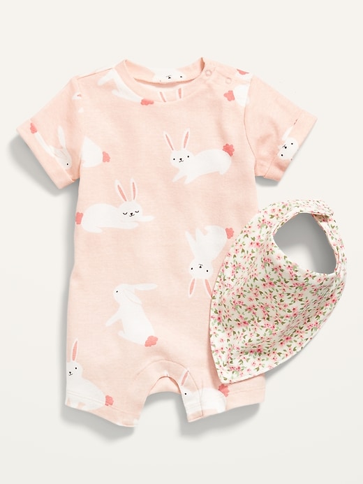 View large product image 1 of 2. Bunny-Print One-Piece and Floral Bib Set for Baby