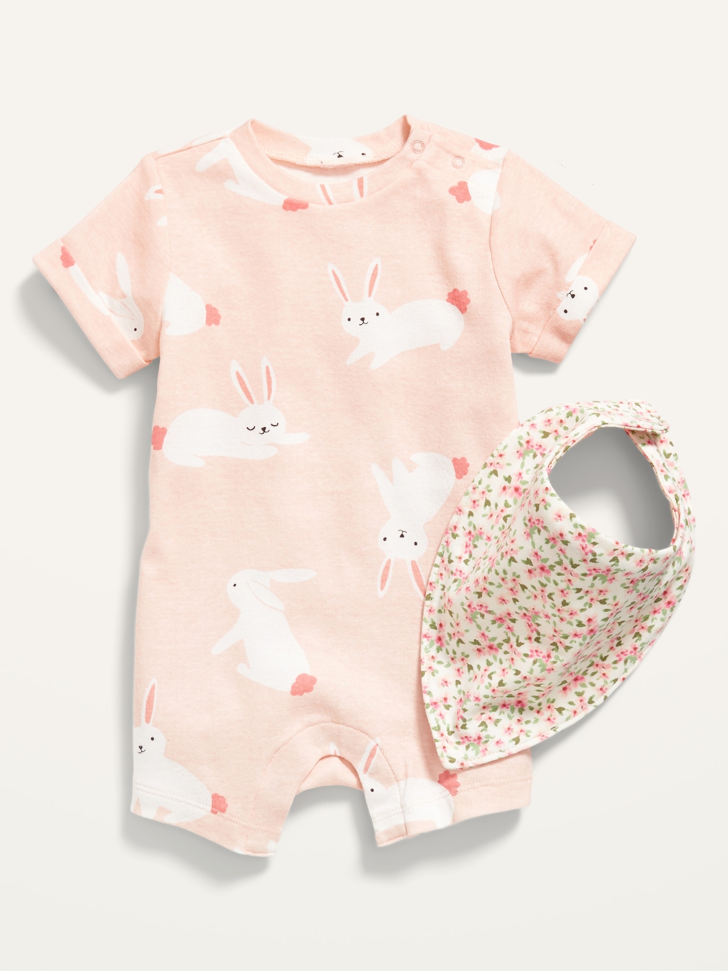Bunny-Print One-Piece and Floral Bib Set for Baby