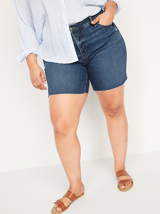 Image number 1 showing, Extra High-Waisted Secret-Slim Pockets Sky Hi Button-Fly Plus-Size Jean Shorts -- 7-inch inseam