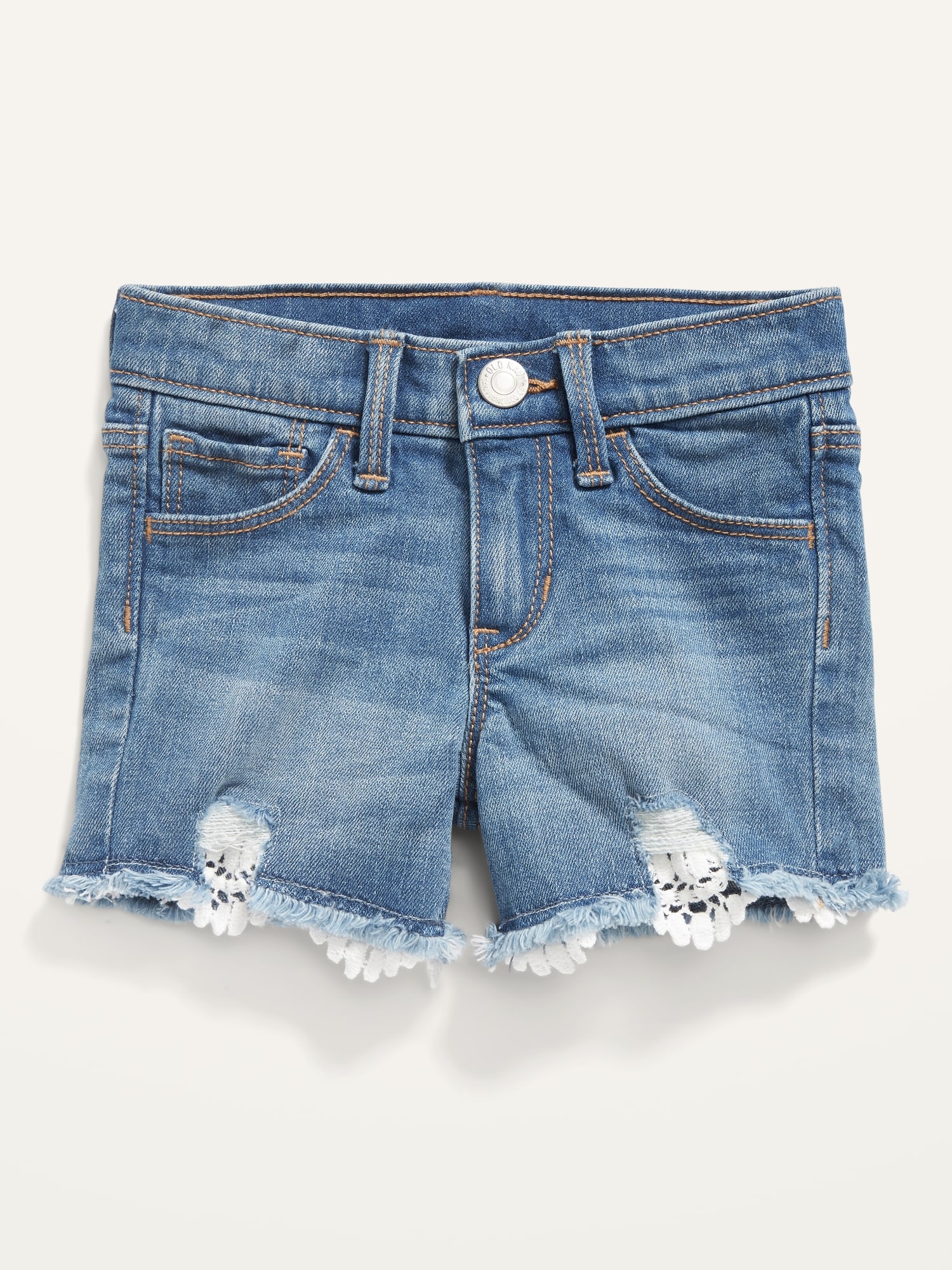 Exposed-Lace Ripped Jean Shorts for Toddler Girls