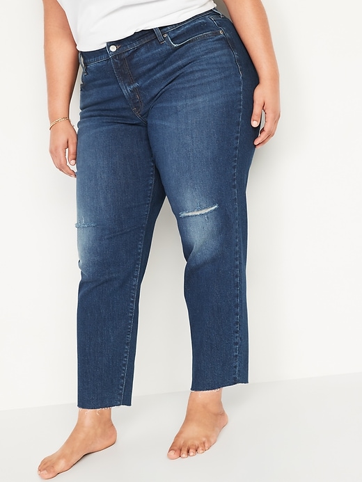 Image number 1 showing, High-Waisted Secret-Smooth Pockets O.G. Straight Ripped Plus-Size Cut-Off Jeans