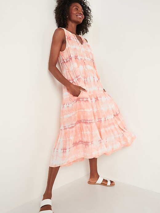 Image number 1 showing, Tiered Tie-Neck Tie-Dyed Midi Swing Dress for Women