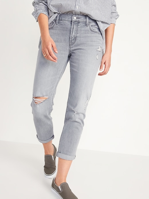Old Navy Mid-Rise Boyfriend Straight Ripped Gray Jeans for Women. 1
