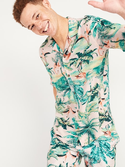 View large product image 1 of 1. Tropical-Print Short-Sleeve Camp Shirt