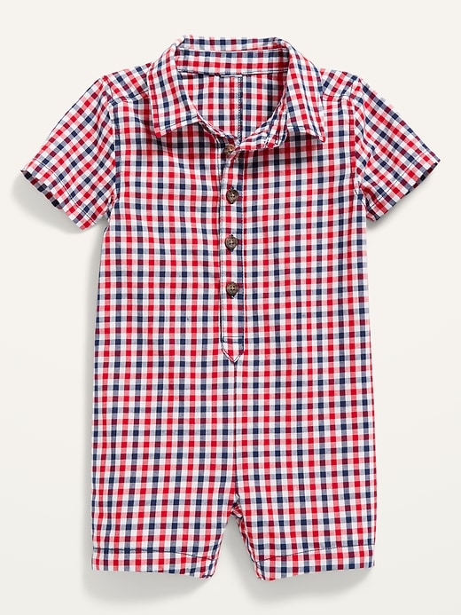 View large product image 1 of 2. Short-Sleeve Plaid Poplin One-Piece for Baby