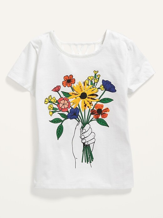View large product image 1 of 2. Short-Sleeve Lattice-Back Graphic Tee for Girls