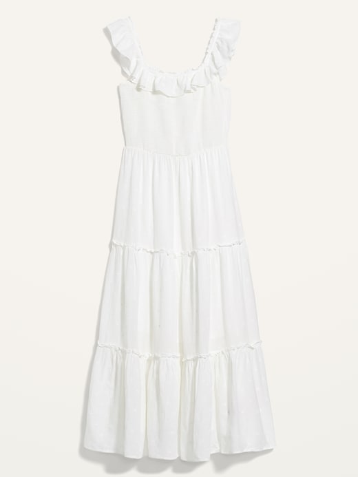 View large product image 2 of 2. Ruffled Smocked-Bodice Embroidered Sleeveless Maxi Dress