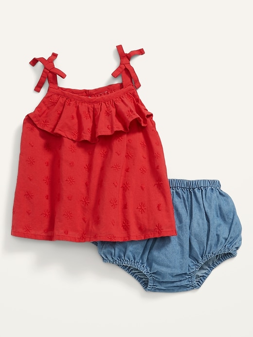 View large product image 1 of 2. Sleeveless Tie-Shoulder Eyelet Top and Bloomers Set for Baby
