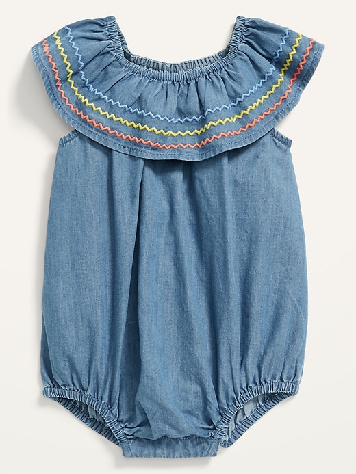 View large product image 1 of 2. Ruffle-Trim Chambray Bodysuit for Baby