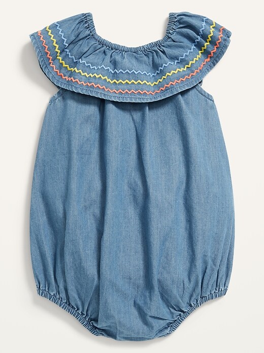 View large product image 2 of 2. Ruffle-Trim Chambray Bodysuit for Baby