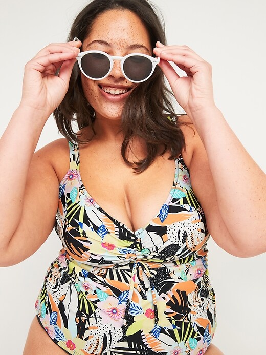 Image number 3 showing, Floral-Print Secret-Smooth Underwire Cinch-Tie Plus-Size Tankini Swim Top