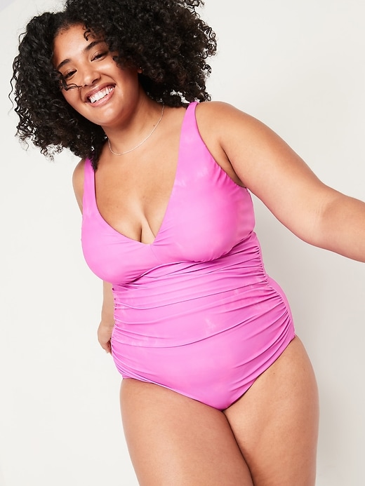 View large product image 1 of 1. Deep V-Neck Underwire Secret Smooth Ruched Plus-Size One-Piece Swimsuit