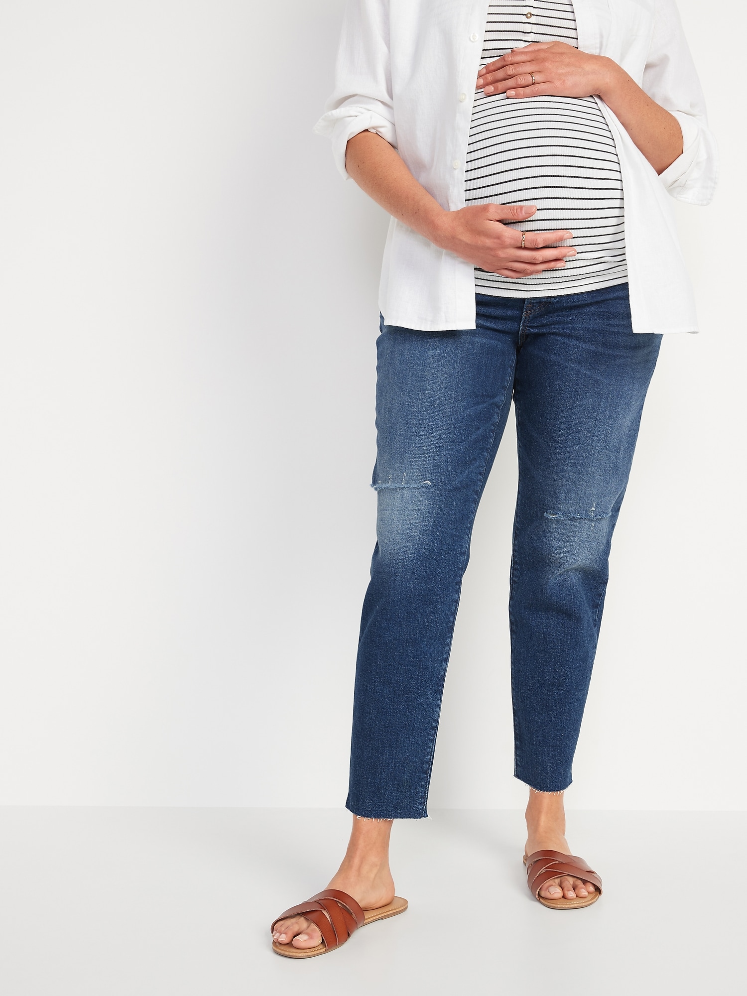 Maternity Full Panel O.G. Straight Ripped Cut-Off Jeans