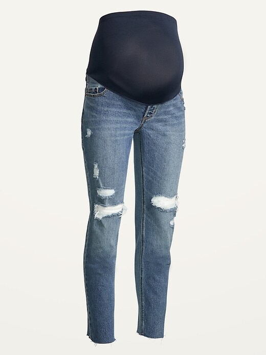 Image number 4 showing, Maternity Full Panel Boyfriend Straight Ripped Cut-Off Jeans