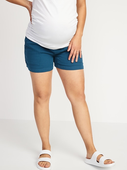 View large product image 1 of 1. Maternity Rollover-Waist Textured-Twill Shorts -- 4-inch inseam