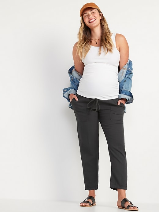 Image number 3 showing, Maternity Rollover-Waist Textured Twill Utility Ankle Pants