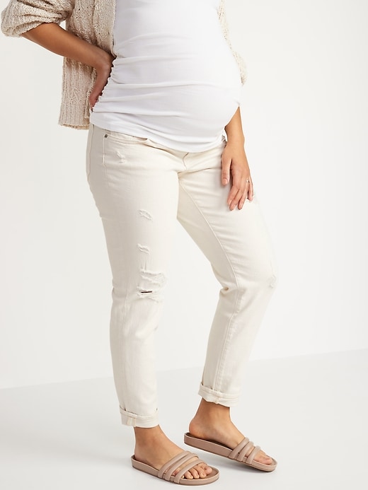 Image number 1 showing, Maternity Front Low Panel O.G. Straight Ripped White Jeans