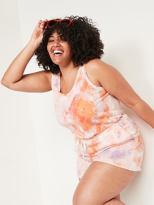 View large product image 1 of 1. Sleeveless Scoop-Neck Tie-Dye Plus-Size Romper--3.5-inch inseam