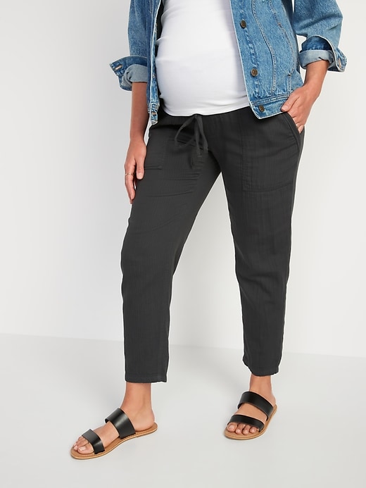 Image number 1 showing, Maternity Rollover-Waist Textured Twill Utility Ankle Pants