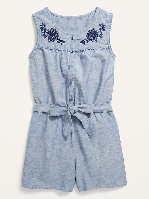 View large product image 1 of 2. Sleeveless Embroidered Tie-Waist Romper for Girls