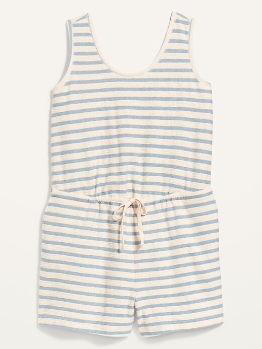 Image number 4 showing, Waist-Defined Sleeveless Striped Terry Plus-Size Beach Romper -- 4-inch inseam