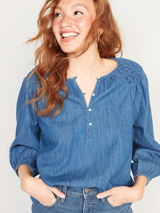 Image number 1 showing, Smocked-Yoke Button-Front Jean Blouse