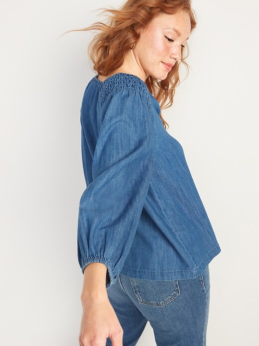 Image number 2 showing, Smocked-Yoke Button-Front Jean Blouse for Women