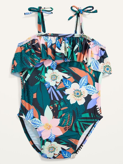 View large product image 1 of 2. Printed Ruffle-Trim Tie-Shoulder Swimsuit for Toddler Girls