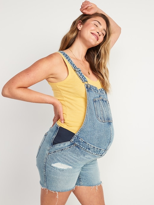 Image number 3 showing, Maternity Side-Panel Ripped Jean Cut-Off Short Overalls -- 5-inch inseam