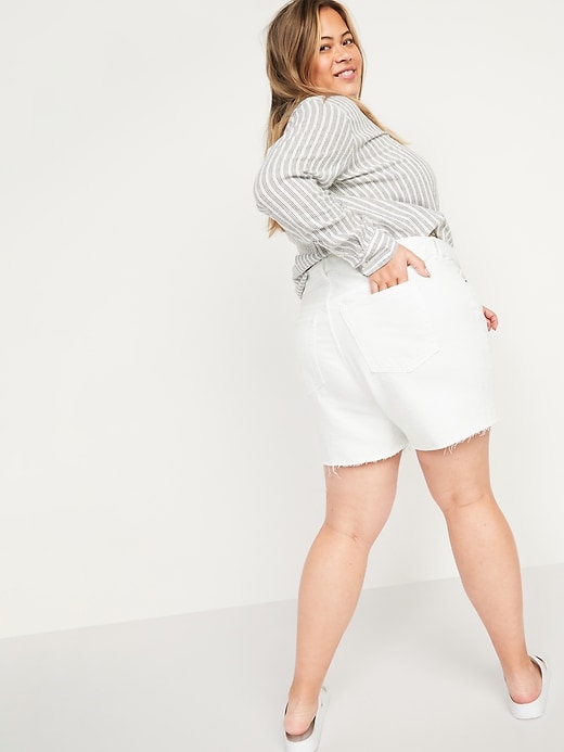 Image number 2 showing, High-Waisted Secret-Slim Pockets Slouchy Plus-Size White Cut-Off Jean Shorts -- 5-inch inseam