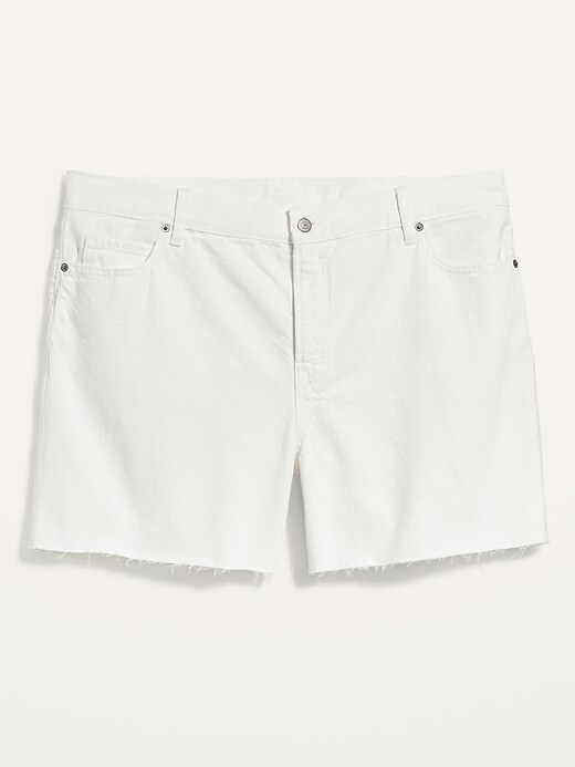 Image number 4 showing, High-Waisted Secret-Slim Pockets Slouchy Plus-Size White Cut-Off Jean Shorts -- 5-inch inseam